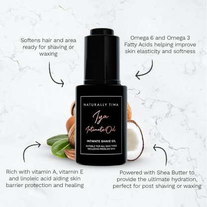 Naturally Tiwa Skincare IYA Intimate Shave Oil 30ml Reduces redness, irritation, itching and razor bumps, Ingrown hairs.