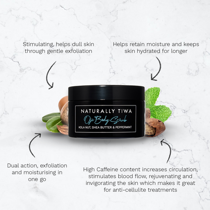 Naturally Tiwa Skincare OJI Body Scrub sensitive skin, eczema, psoriasis and dull skin. High Caffeine great for anti-cellulite treatments, skin rejuvenation and brightening