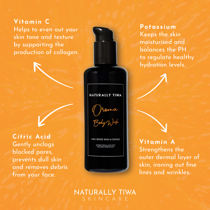 Naturally Tiwa Skincare OROMA Body Wash for sensitive skin, eczema, psoriasis, acne, hyperpigmentation, skin undergoing chemotherapy and radiotherapy and dry skin conditions