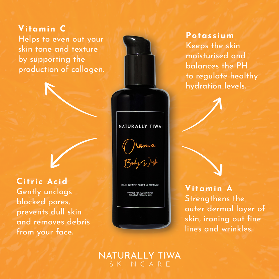 Naturally Tiwa Skincare OROMA Body Wash for sensitive skin, eczema, psoriasis, acne, hyperpigmentation, skin undergoing chemotherapy and radiotherapy and dry skin conditions